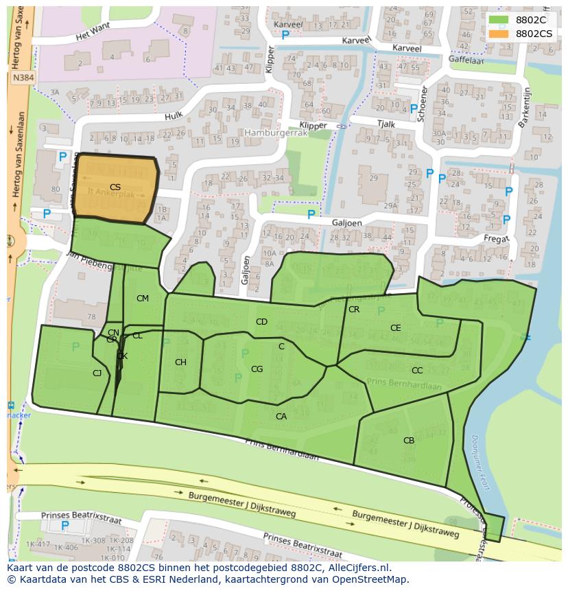 Afbeelding van het postcodegebied 8802 CS op de kaart.