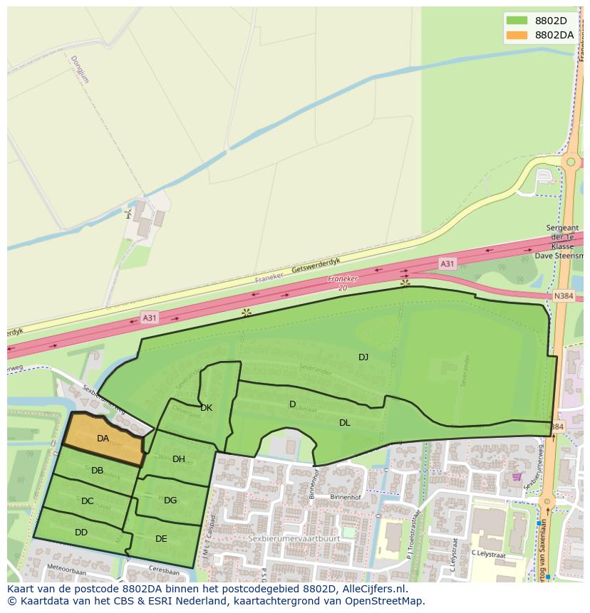 Afbeelding van het postcodegebied 8802 DA op de kaart.
