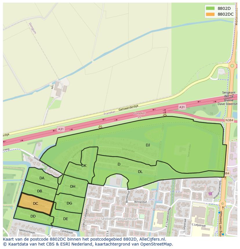 Afbeelding van het postcodegebied 8802 DC op de kaart.