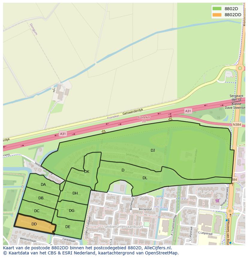Afbeelding van het postcodegebied 8802 DD op de kaart.