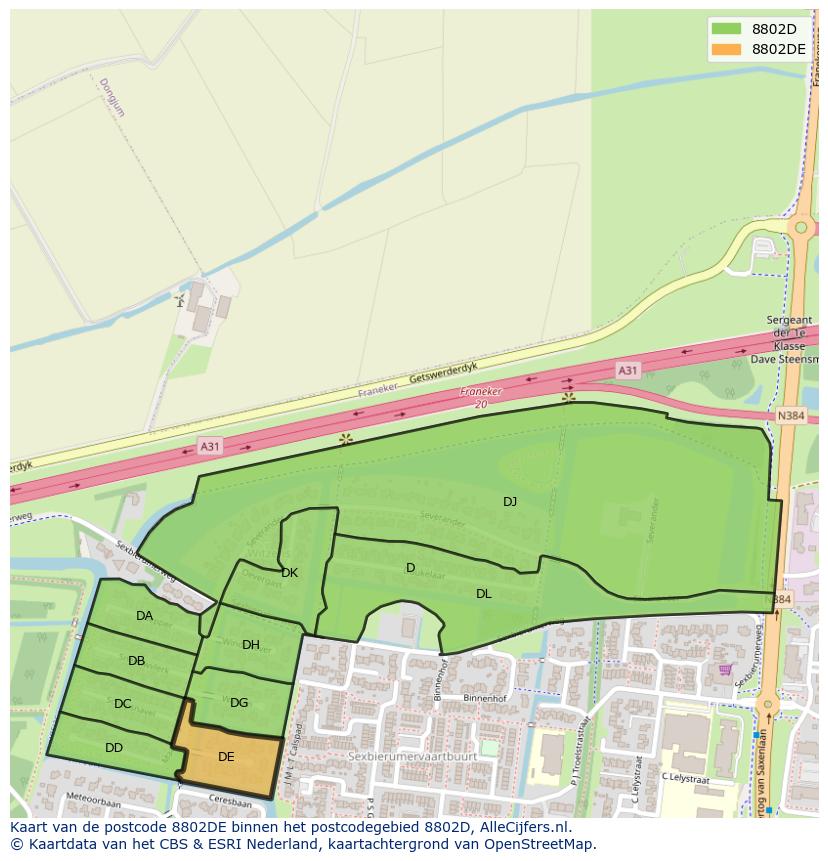 Afbeelding van het postcodegebied 8802 DE op de kaart.