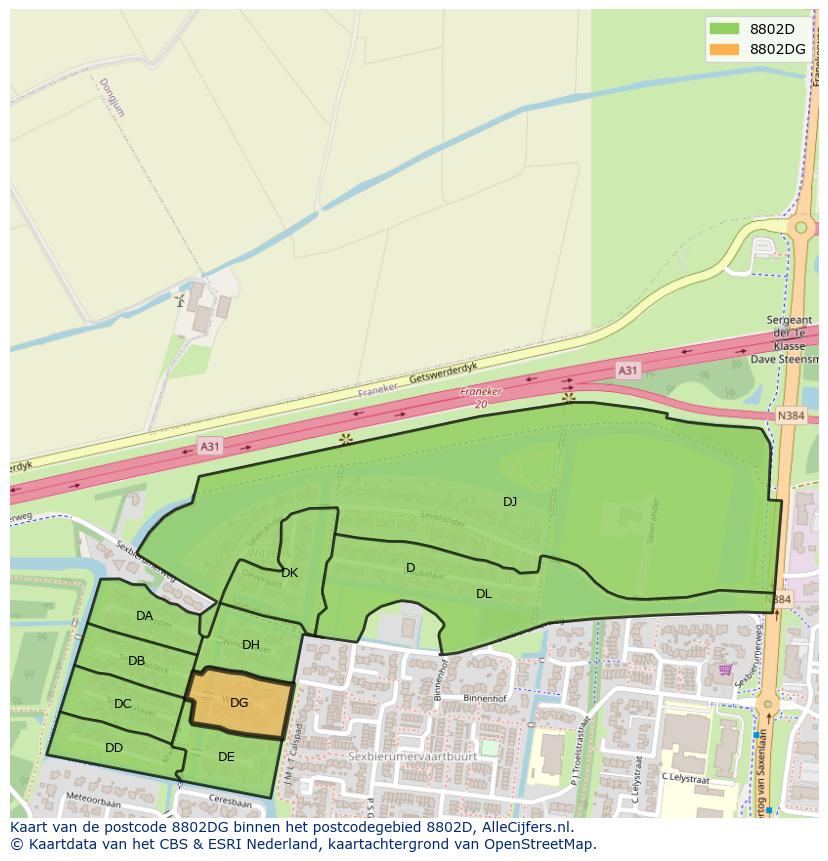 Afbeelding van het postcodegebied 8802 DG op de kaart.