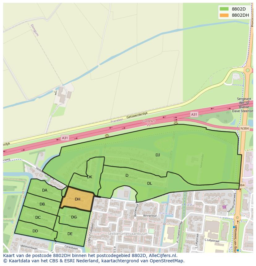 Afbeelding van het postcodegebied 8802 DH op de kaart.