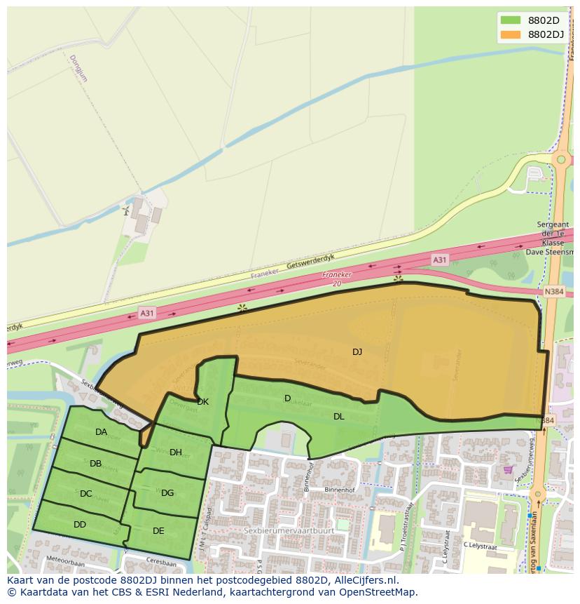Afbeelding van het postcodegebied 8802 DJ op de kaart.