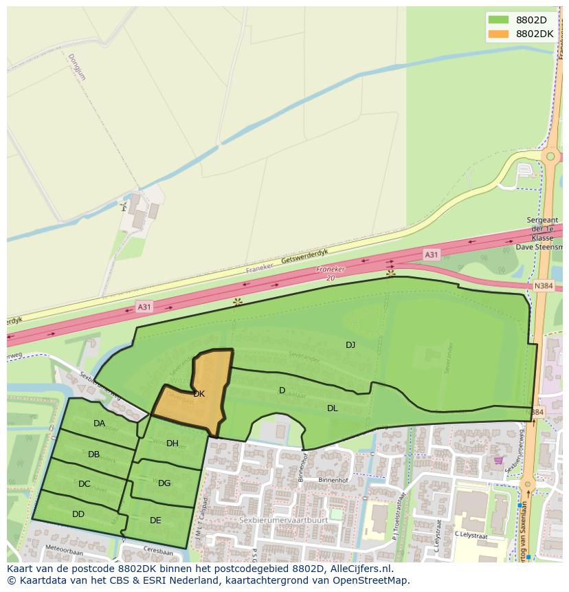 Afbeelding van het postcodegebied 8802 DK op de kaart.