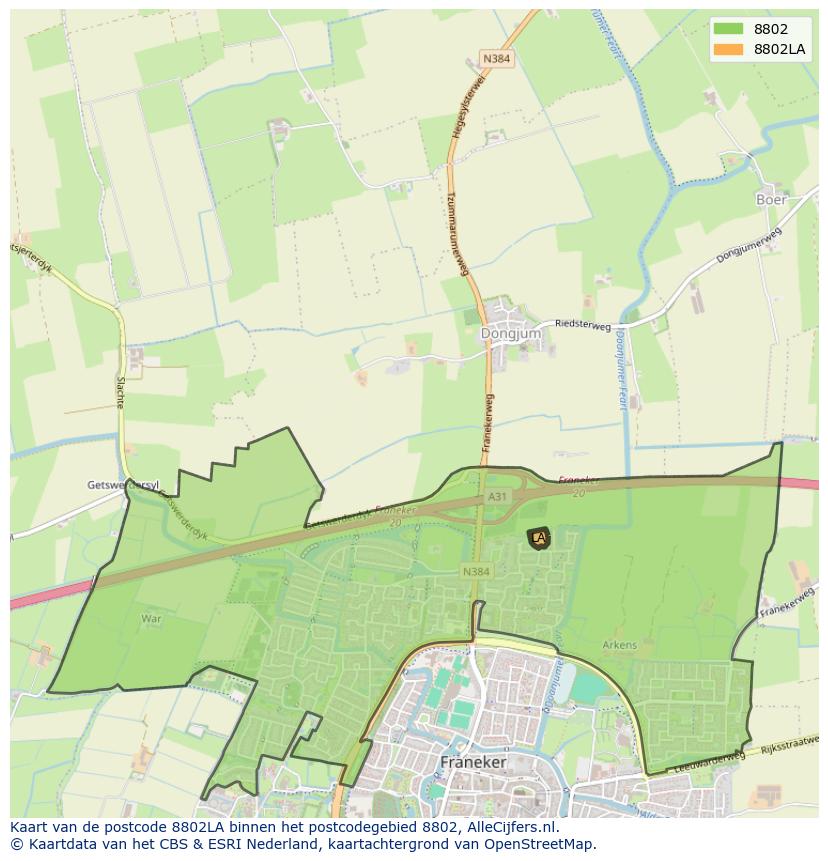 Afbeelding van het postcodegebied 8802 LA op de kaart.