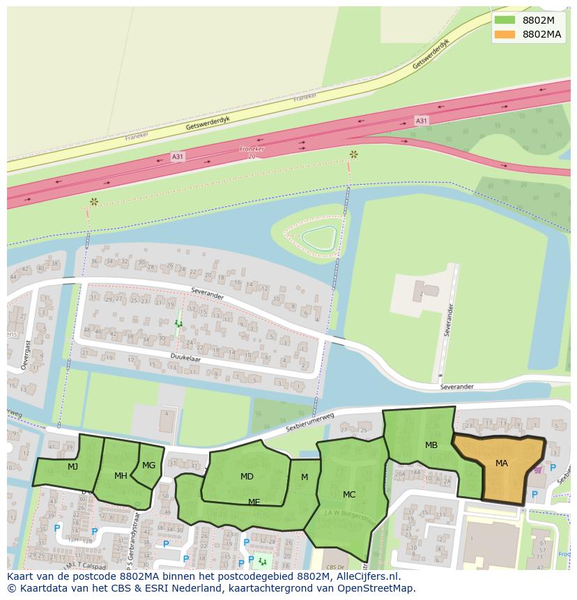 Afbeelding van het postcodegebied 8802 MA op de kaart.