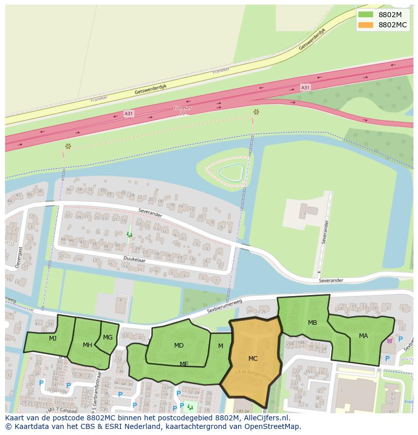 Afbeelding van het postcodegebied 8802 MC op de kaart.