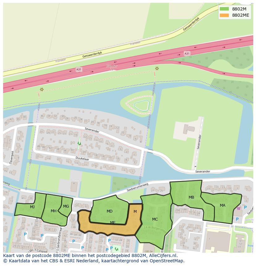 Afbeelding van het postcodegebied 8802 ME op de kaart.