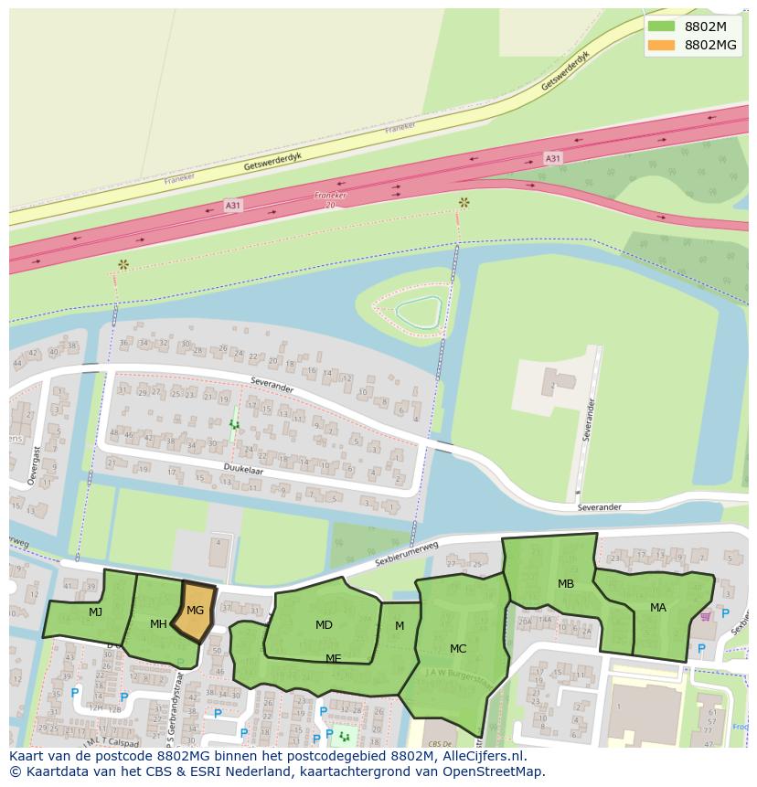 Afbeelding van het postcodegebied 8802 MG op de kaart.