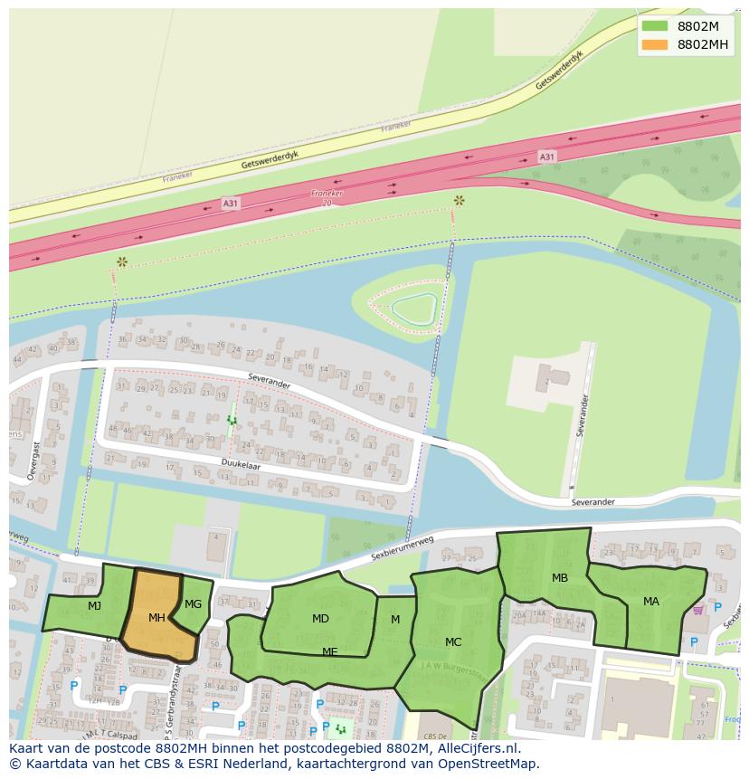 Afbeelding van het postcodegebied 8802 MH op de kaart.