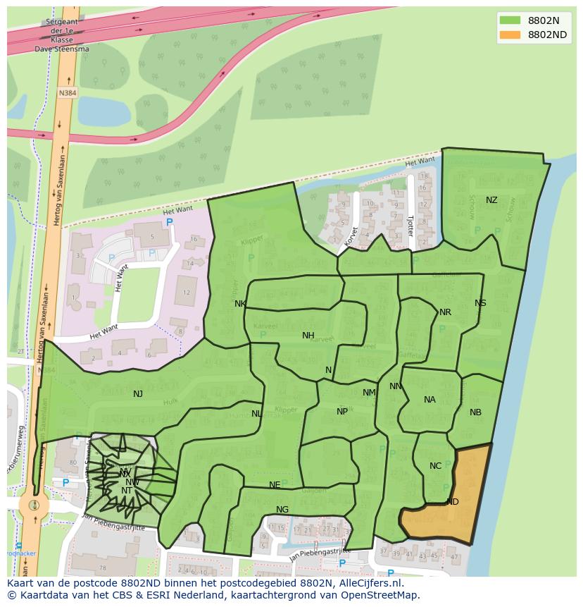 Afbeelding van het postcodegebied 8802 ND op de kaart.