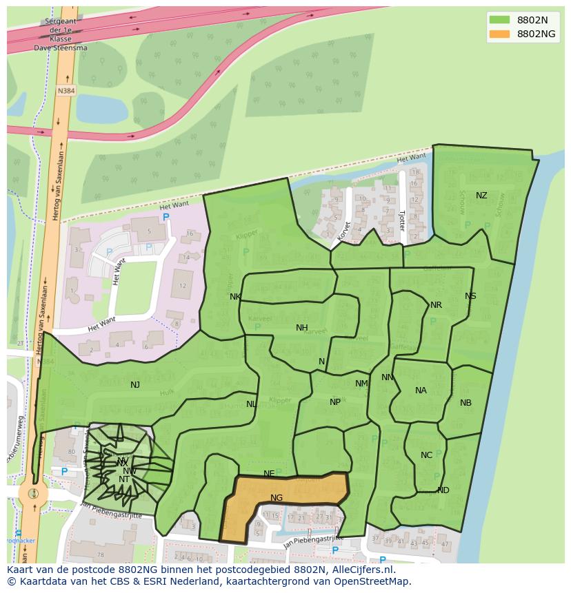 Afbeelding van het postcodegebied 8802 NG op de kaart.