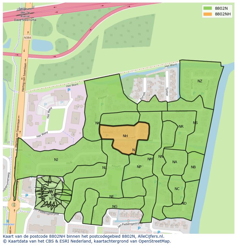 Afbeelding van het postcodegebied 8802 NH op de kaart.