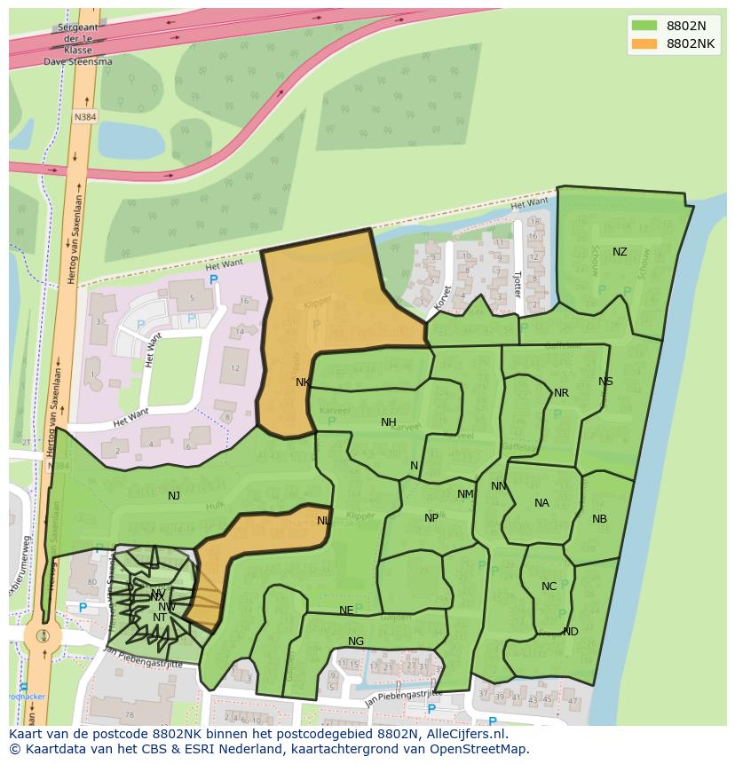 Afbeelding van het postcodegebied 8802 NK op de kaart.