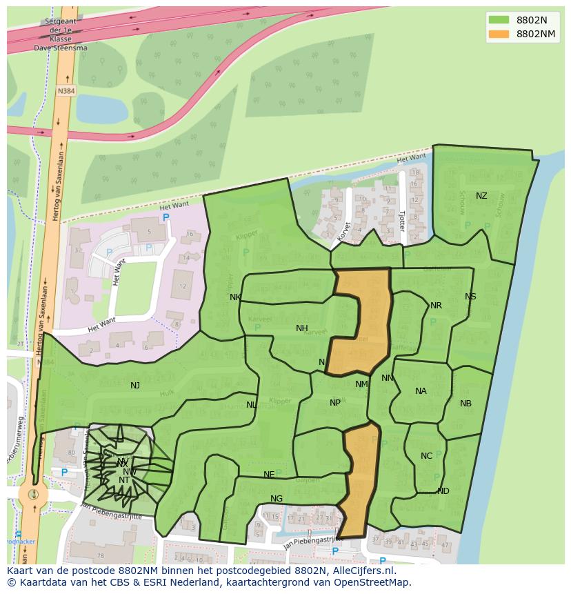 Afbeelding van het postcodegebied 8802 NM op de kaart.
