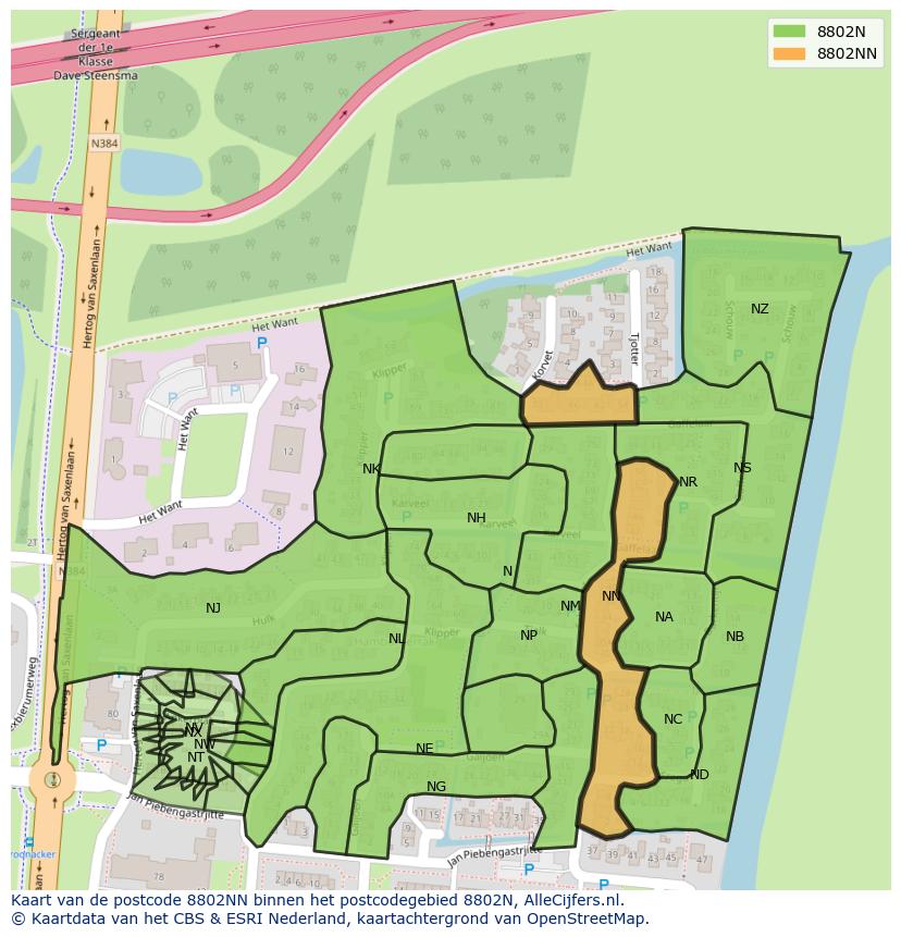 Afbeelding van het postcodegebied 8802 NN op de kaart.