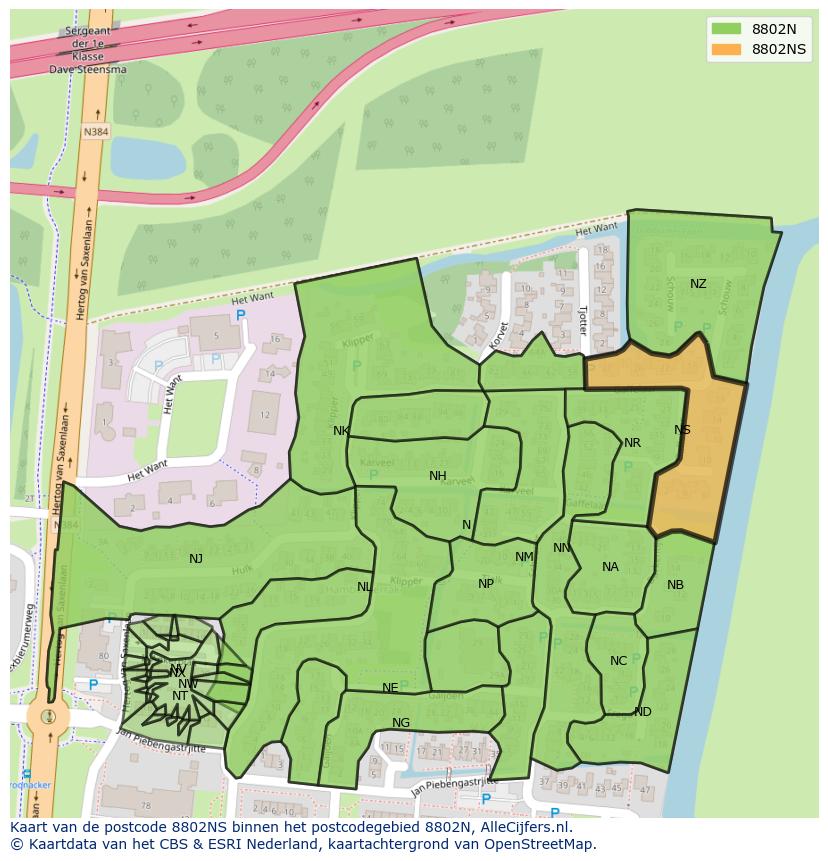 Afbeelding van het postcodegebied 8802 NS op de kaart.