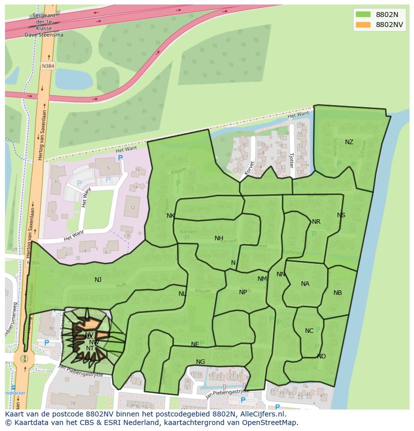 Afbeelding van het postcodegebied 8802 NV op de kaart.