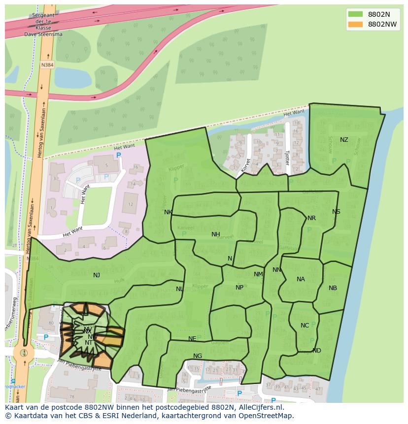 Afbeelding van het postcodegebied 8802 NW op de kaart.