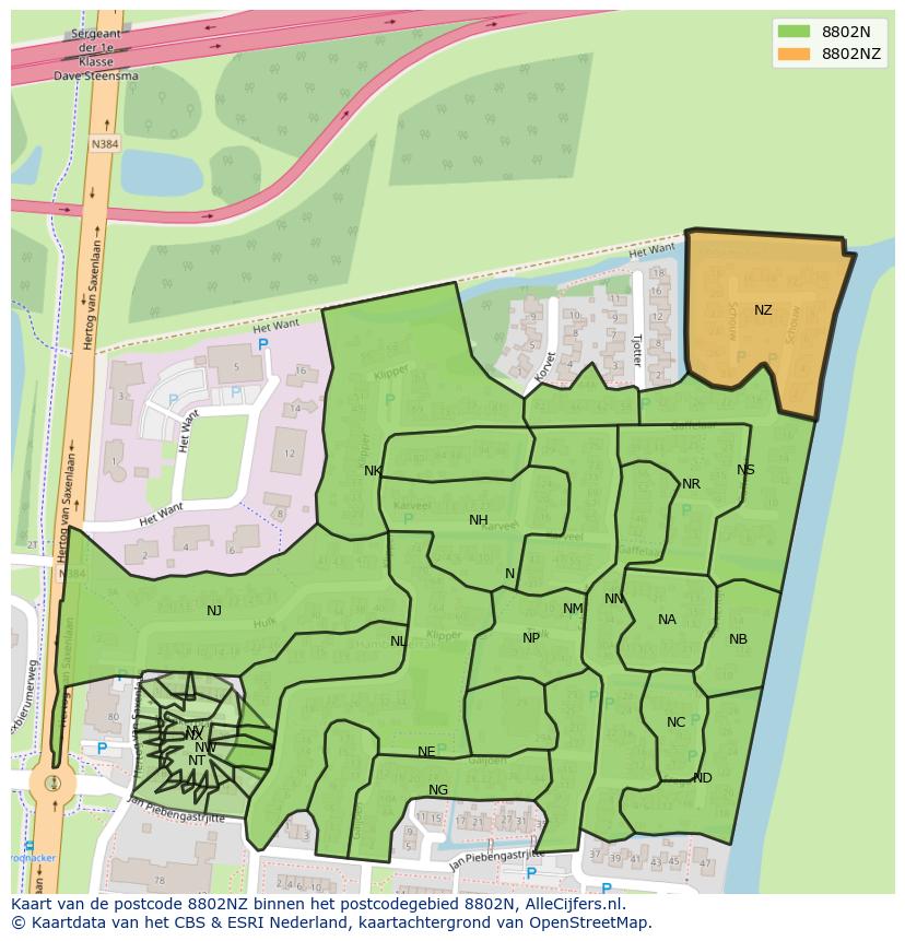 Afbeelding van het postcodegebied 8802 NZ op de kaart.