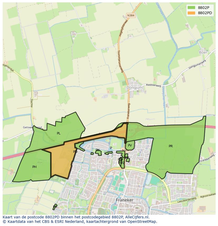 Afbeelding van het postcodegebied 8802 PD op de kaart.