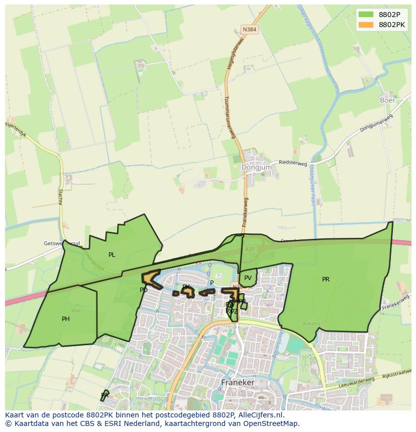 Afbeelding van het postcodegebied 8802 PK op de kaart.
