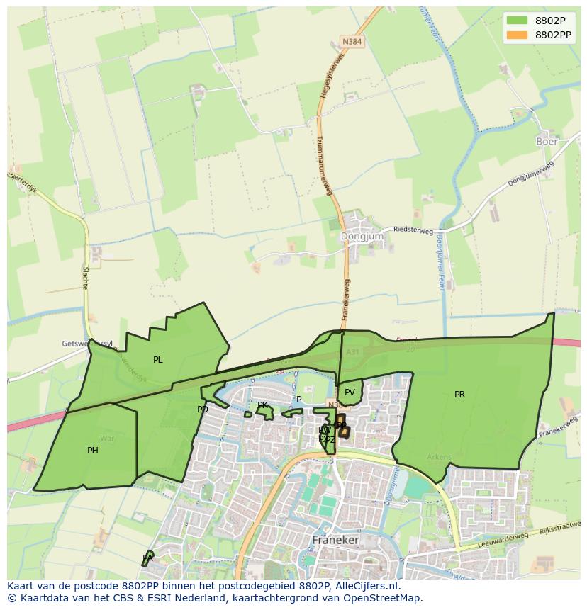 Afbeelding van het postcodegebied 8802 PP op de kaart.
