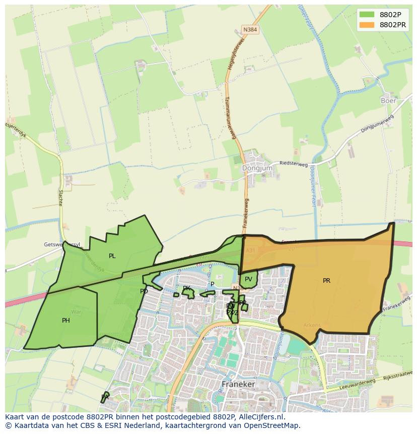 Afbeelding van het postcodegebied 8802 PR op de kaart.