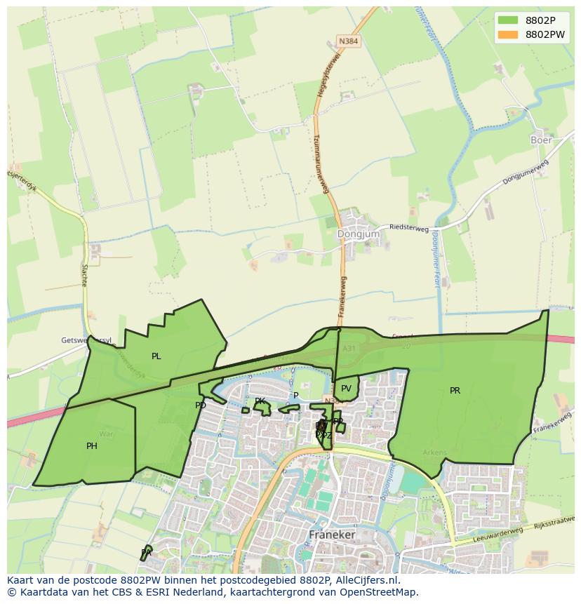 Afbeelding van het postcodegebied 8802 PW op de kaart.
