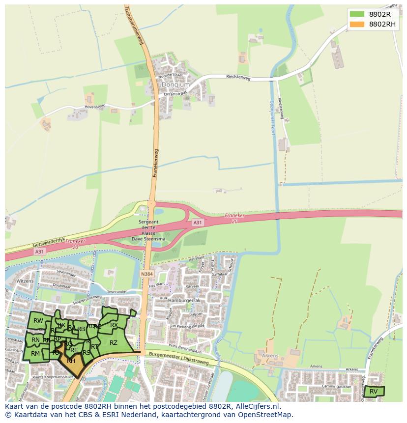 Afbeelding van het postcodegebied 8802 RH op de kaart.