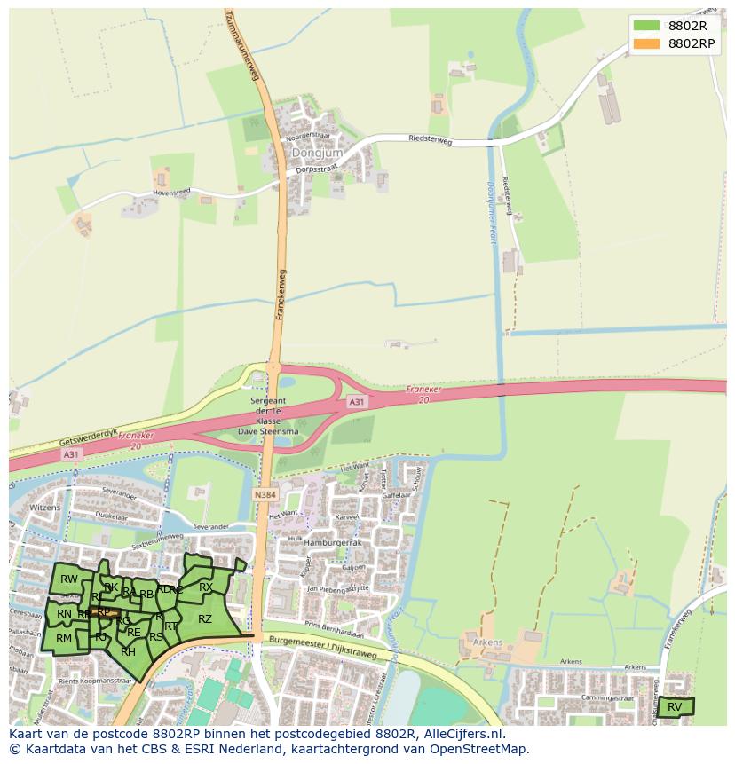 Afbeelding van het postcodegebied 8802 RP op de kaart.