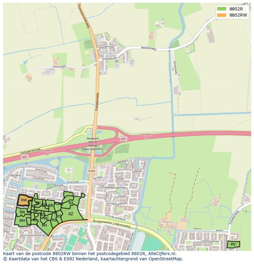 Afbeelding van het postcodegebied 8802 RW op de kaart.