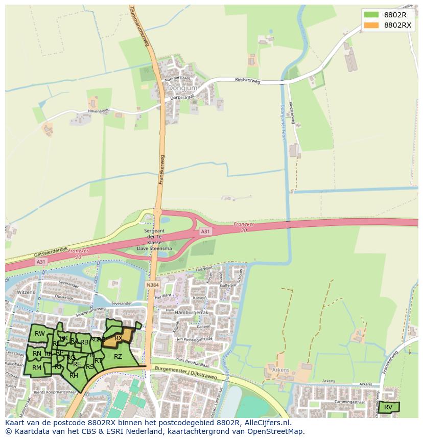 Afbeelding van het postcodegebied 8802 RX op de kaart.