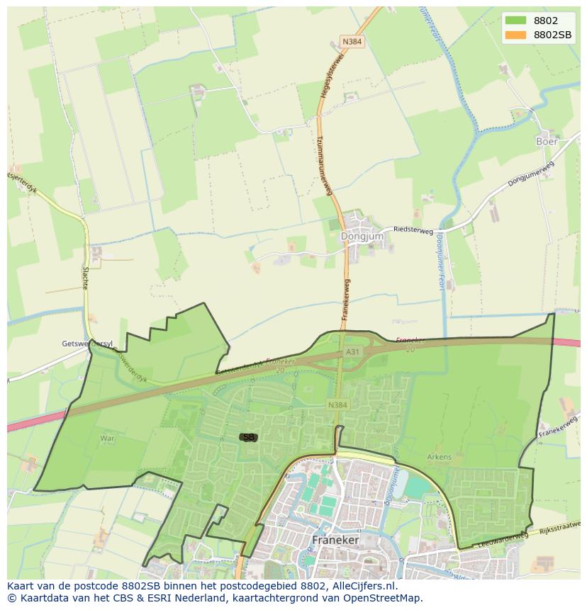 Afbeelding van het postcodegebied 8802 SB op de kaart.