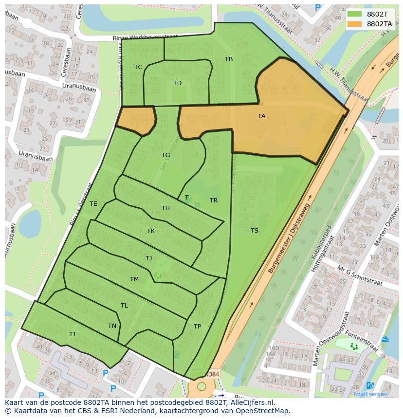 Afbeelding van het postcodegebied 8802 TA op de kaart.
