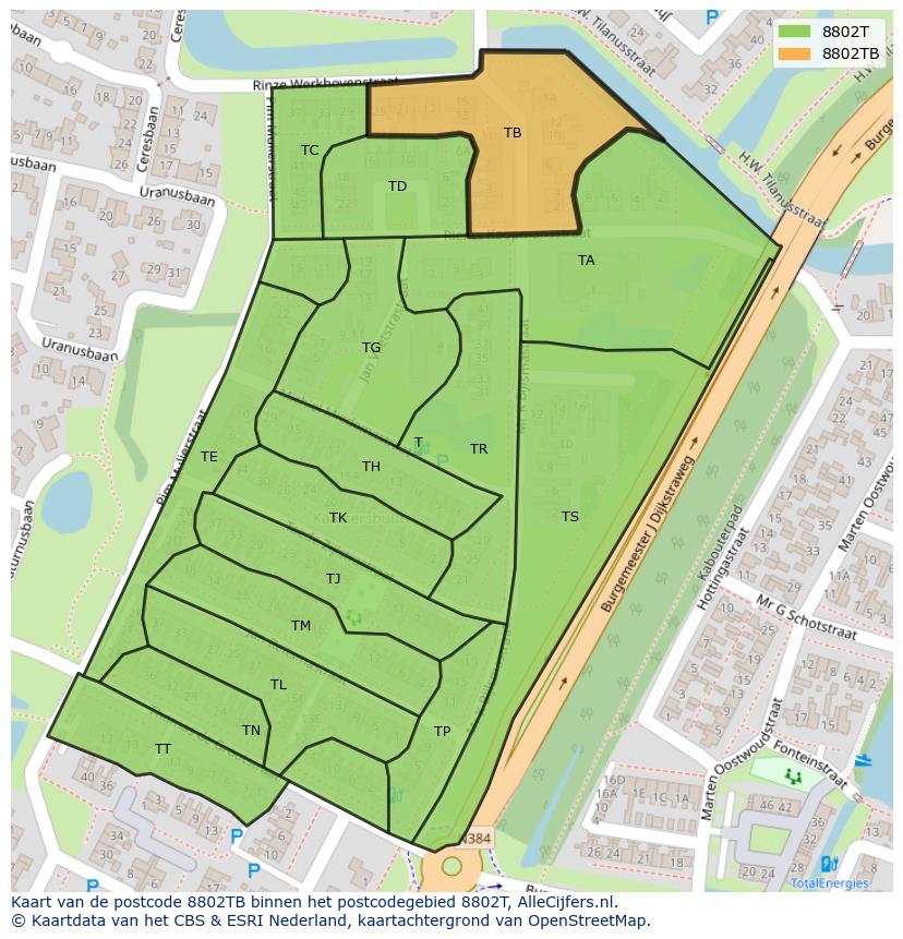 Afbeelding van het postcodegebied 8802 TB op de kaart.