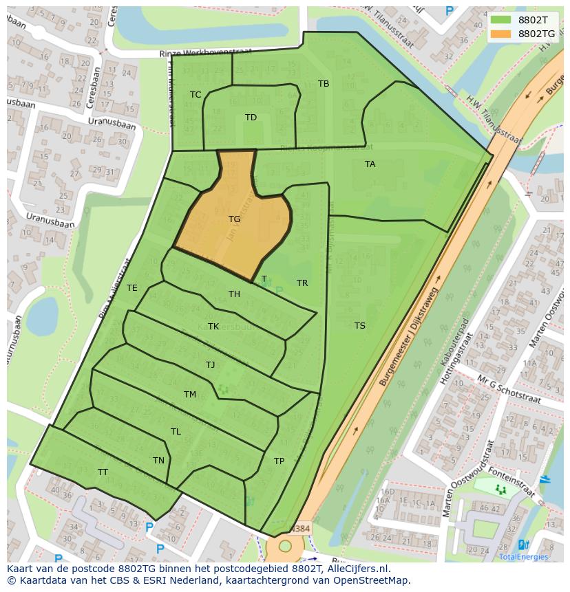 Afbeelding van het postcodegebied 8802 TG op de kaart.