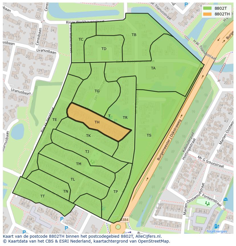 Afbeelding van het postcodegebied 8802 TH op de kaart.