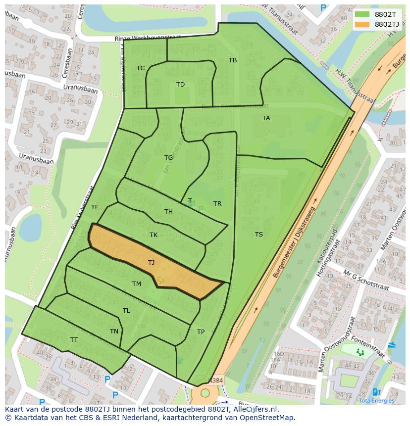 Afbeelding van het postcodegebied 8802 TJ op de kaart.