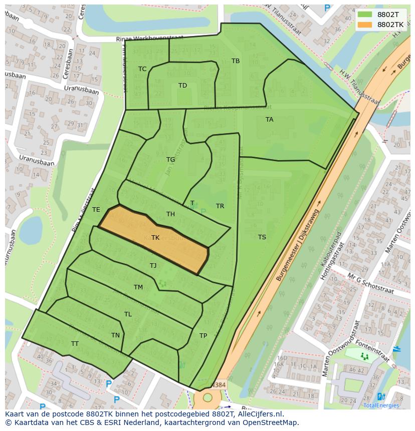 Afbeelding van het postcodegebied 8802 TK op de kaart.