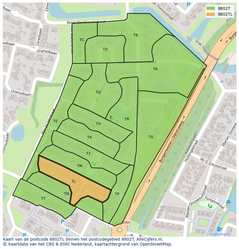 Afbeelding van het postcodegebied 8802 TL op de kaart.