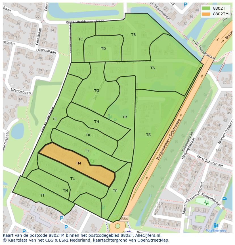 Afbeelding van het postcodegebied 8802 TM op de kaart.