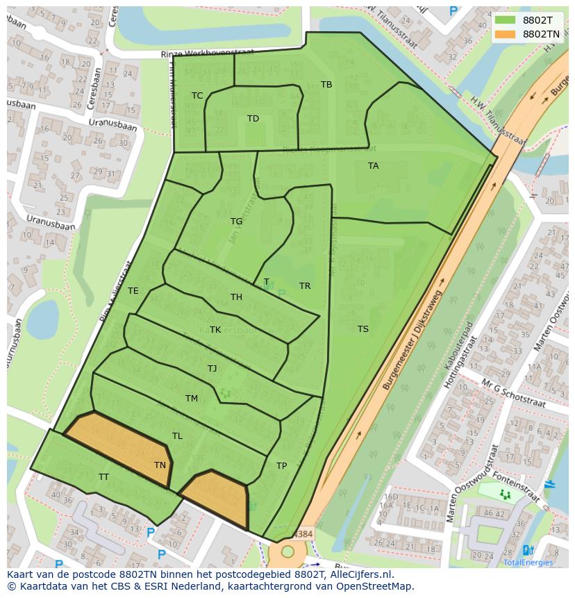 Afbeelding van het postcodegebied 8802 TN op de kaart.