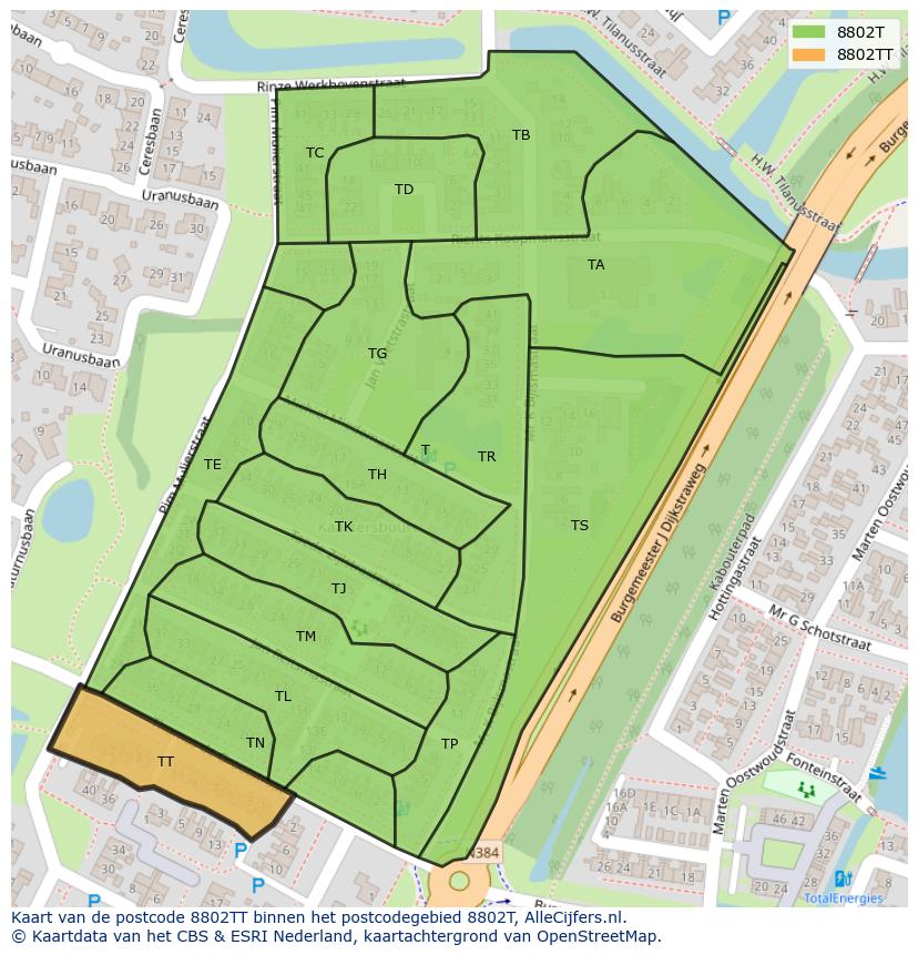 Afbeelding van het postcodegebied 8802 TT op de kaart.