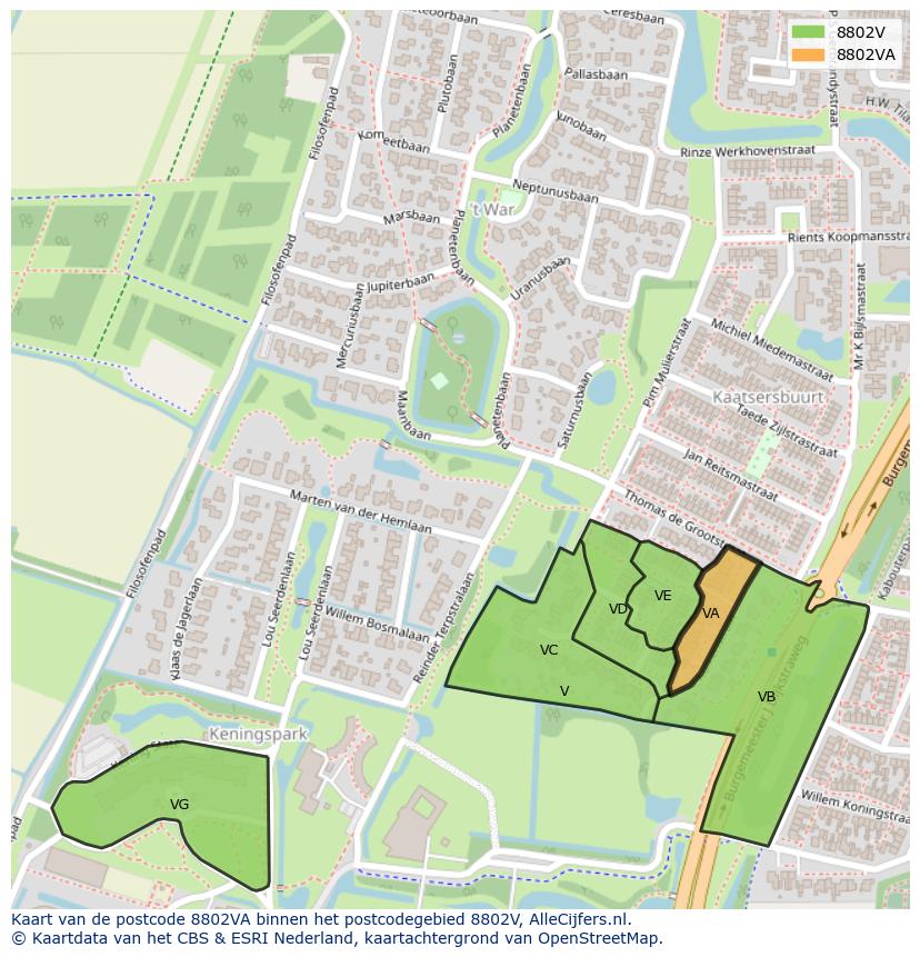 Afbeelding van het postcodegebied 8802 VA op de kaart.