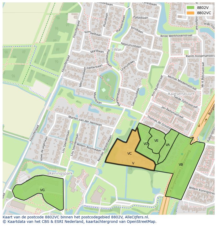 Afbeelding van het postcodegebied 8802 VC op de kaart.