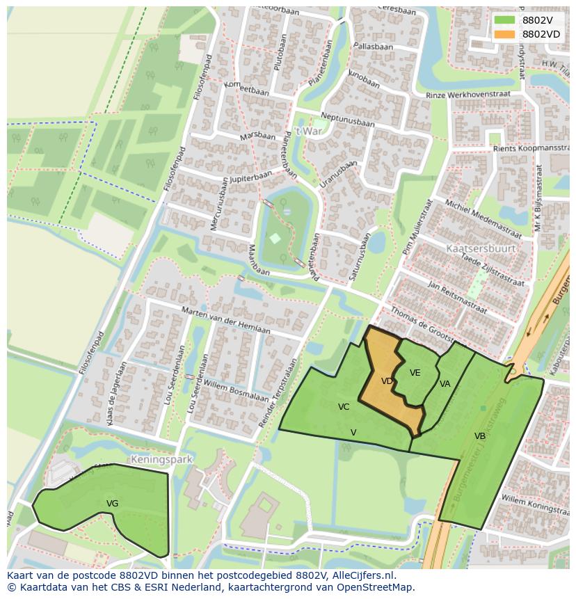 Afbeelding van het postcodegebied 8802 VD op de kaart.