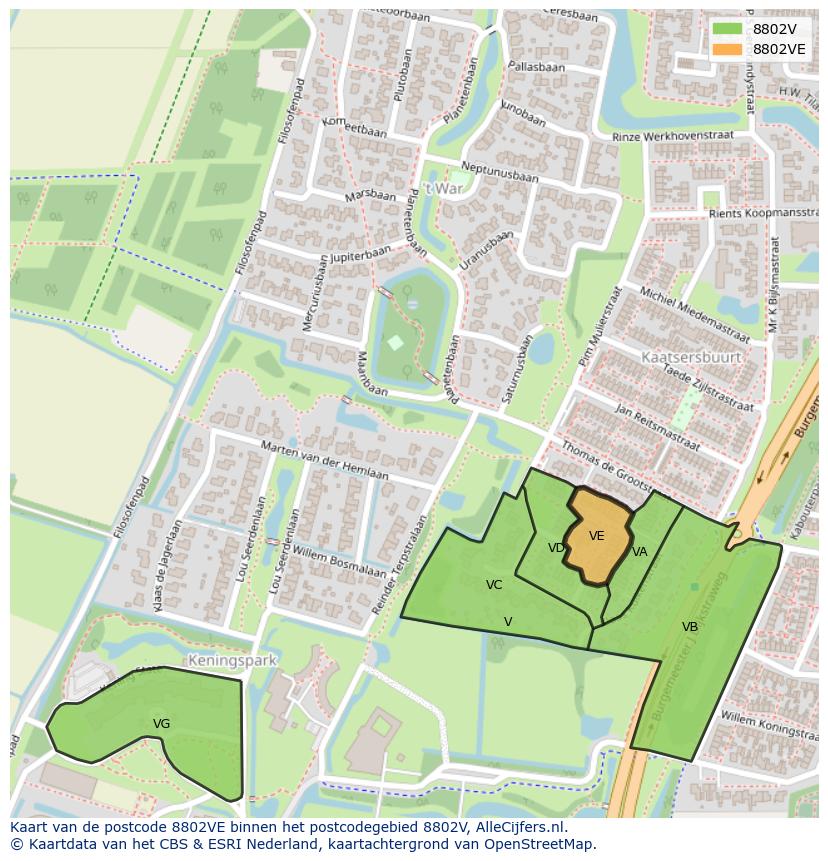 Afbeelding van het postcodegebied 8802 VE op de kaart.