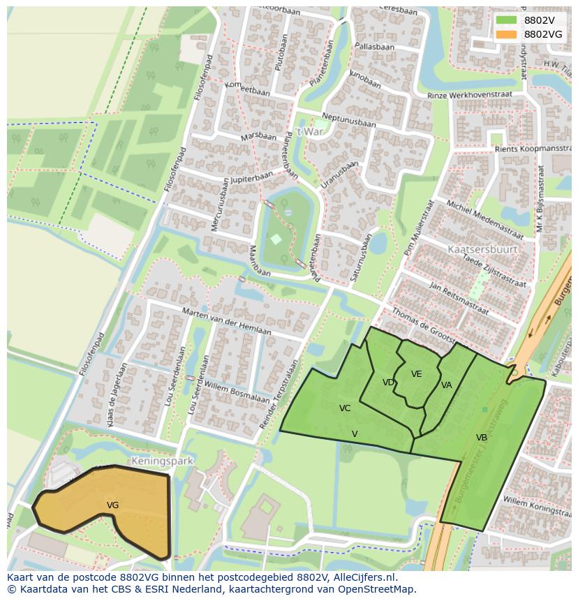 Afbeelding van het postcodegebied 8802 VG op de kaart.